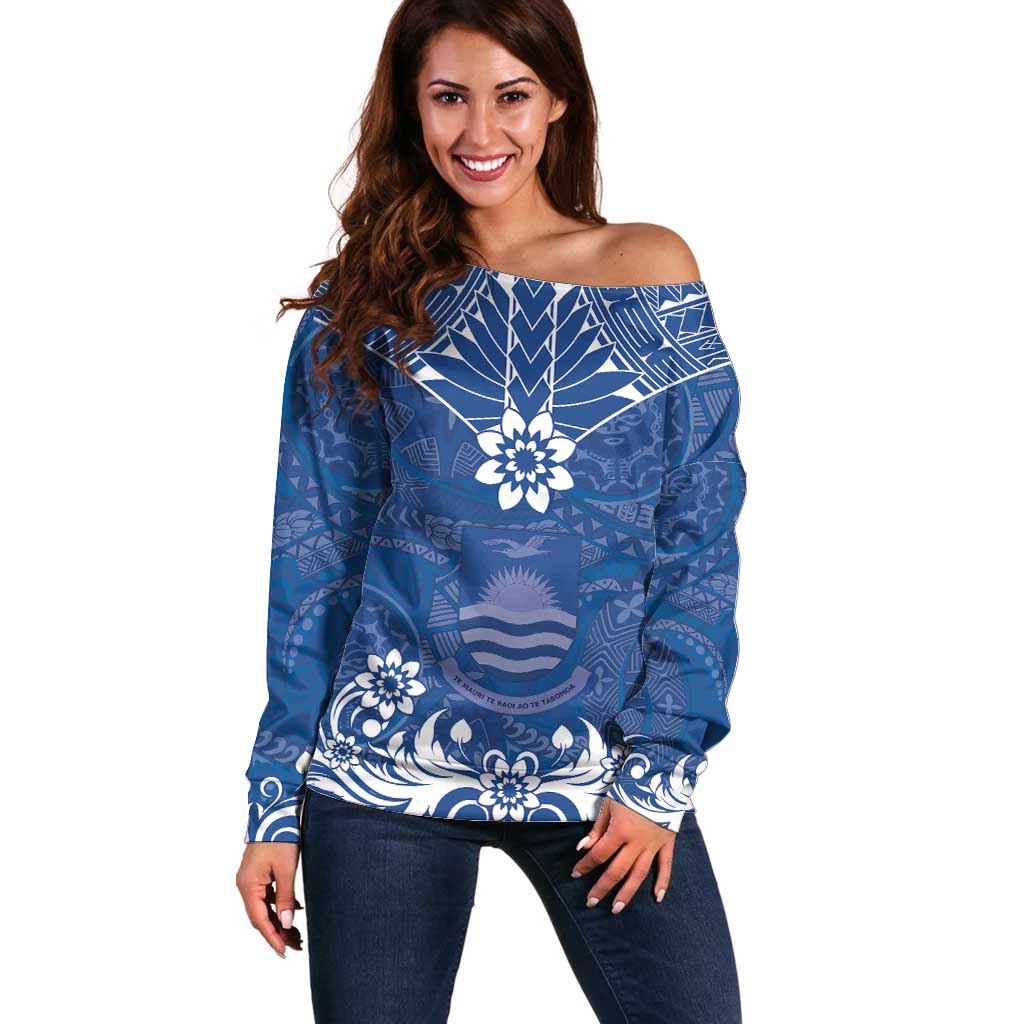 Wikin te Taetae ni Kiribati Off Shoulder Sweater Pacific Tapa Pattern LT05 Women Blue - Polynesian Pride