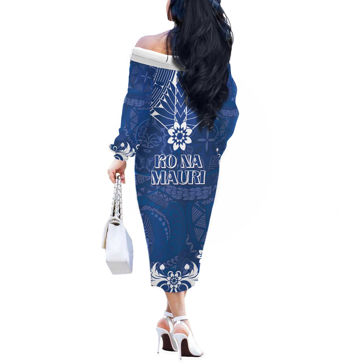 Wikin te Taetae ni Kiribati Off The Shoulder Long Sleeve Dress Pacific Tapa Pattern