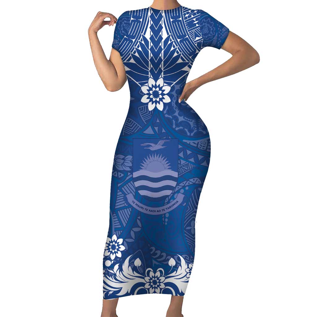 Wikin te Taetae ni Kiribati Short Sleeve Bodycon Dress Pacific Tapa Pattern LT05 Long Dress Blue - Polynesian Pride