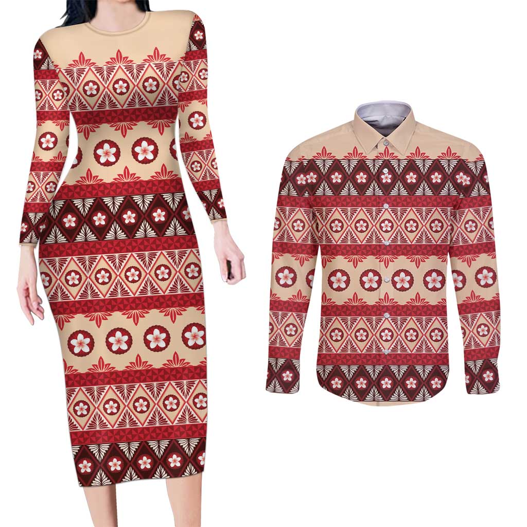 Tonga Language Week Couples Matching Long Sleeve Bodycon Dress and Long Sleeve Button Shirt Lea Faka-Tonga Everyday - Polynesian Pride