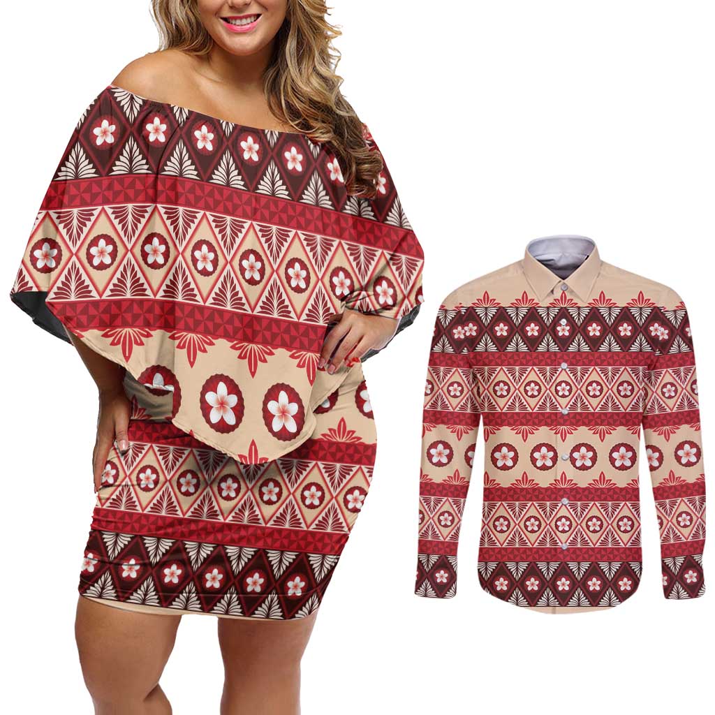 Tonga Language Week Couples Matching Off Shoulder Short Dress and Long Sleeve Button Shirt Lea Faka-Tonga Everyday - Polynesian Pride