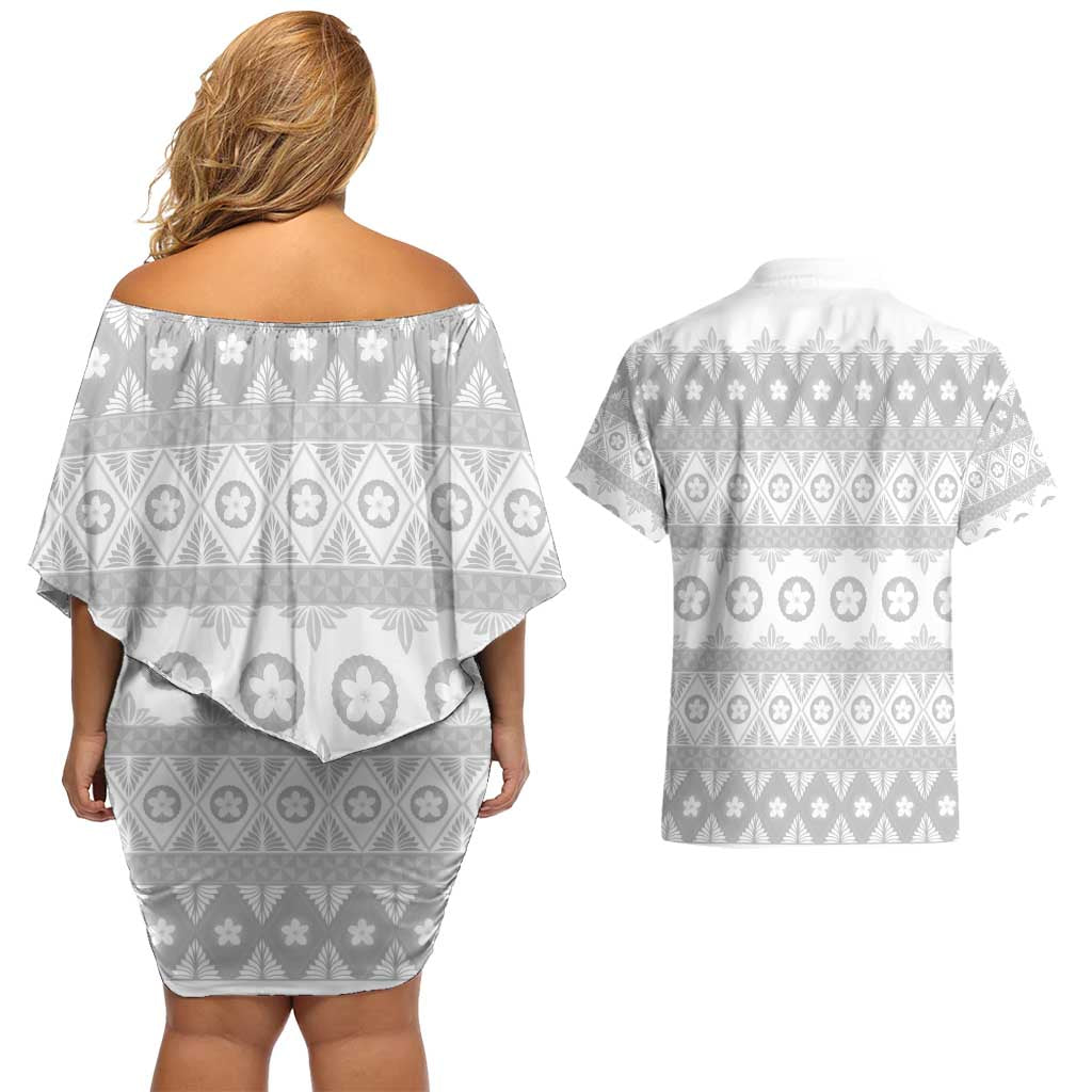 Tonga White Sunday Couples Matching Off Shoulder Short Dress and Hawaiian Shirt Tongan Ngatu Siale Pattern - Polynesian Pride