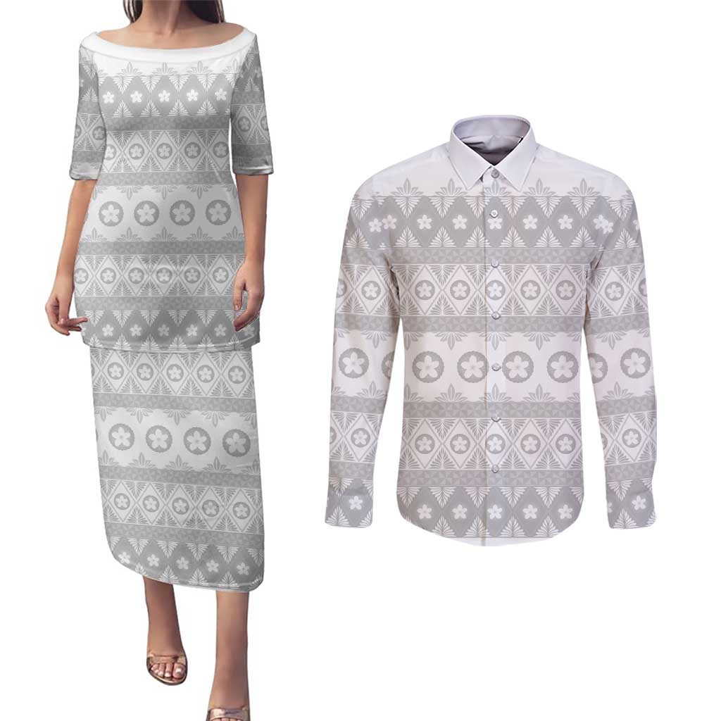 Tonga White Sunday Couples Matching Puletasi and Long Sleeve Button Shirt Tongan Ngatu Siale Pattern LT05 White - Polynesian Pride