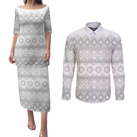 Tonga White Sunday Couples Matching Puletasi and Long Sleeve Button Shirt Tongan Ngatu Siale Pattern LT05 White - Polynesian Pride