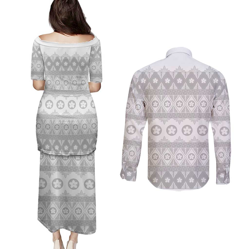Tonga White Sunday Couples Matching Puletasi and Long Sleeve Button Shirt Tongan Ngatu Siale Pattern LT05 - Polynesian Pride