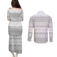 Tonga White Sunday Couples Matching Puletasi and Long Sleeve Button Shirt Tongan Ngatu Siale Pattern LT05 - Polynesian Pride
