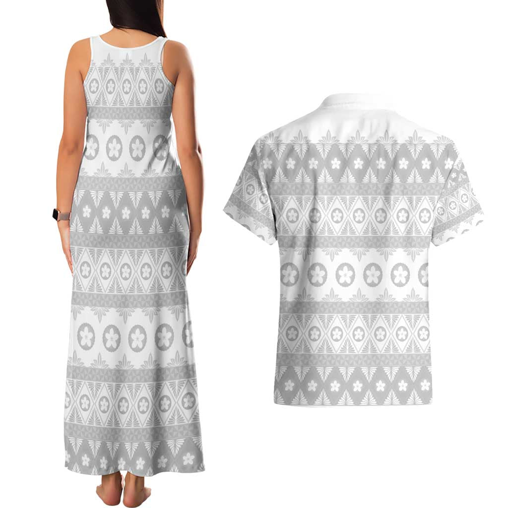 Tonga White Sunday Couples Matching Tank Maxi Dress and Hawaiian Shirt Tongan Ngatu Siale Pattern - Polynesian Pride