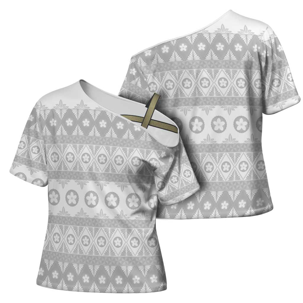 Tonga White Sunday Cross Shoulder Shirt Tongan Ngatu Siale Pattern - Polynesian Pride