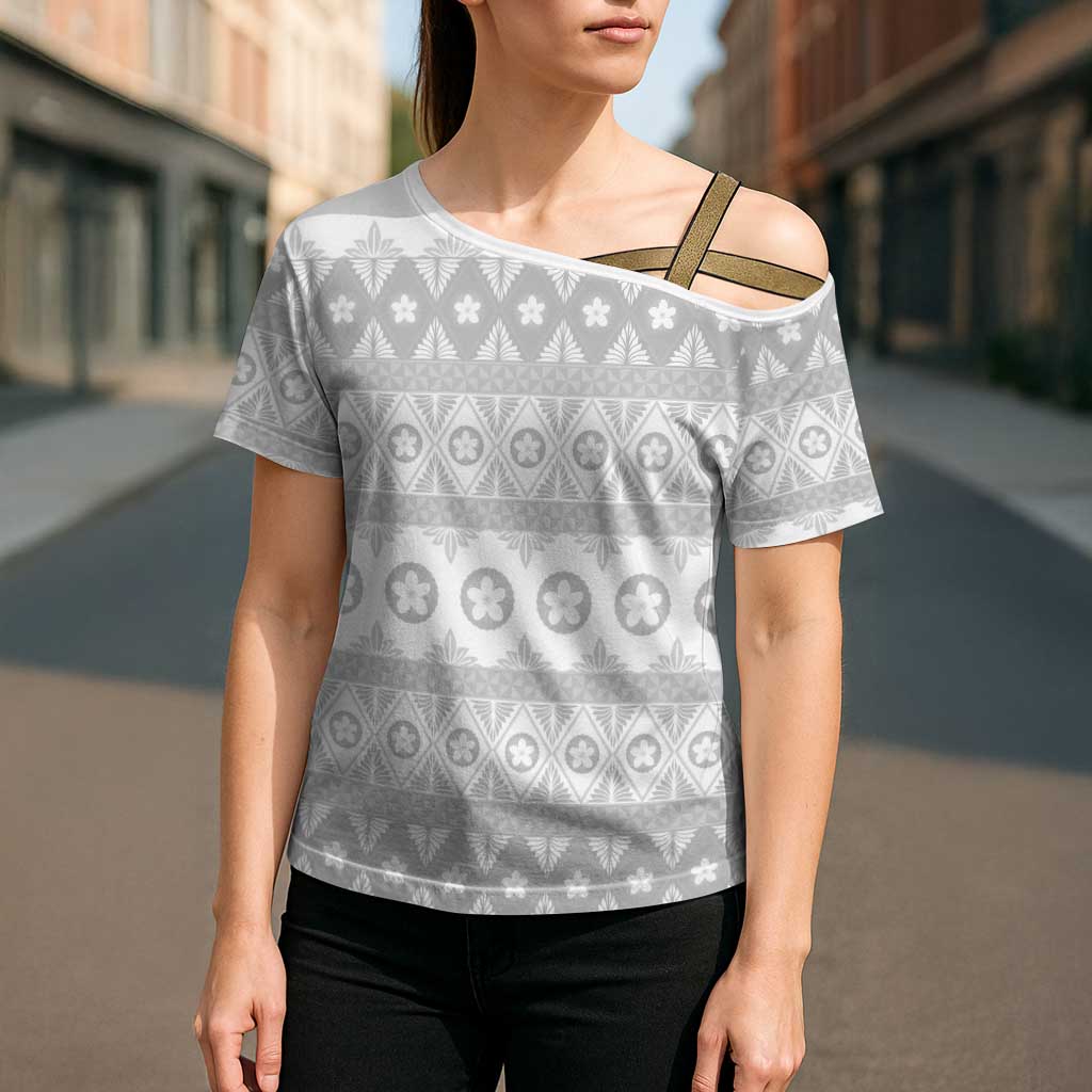 Tonga White Sunday Cross Shoulder Shirt Tongan Ngatu Siale Pattern - Polynesian Pride