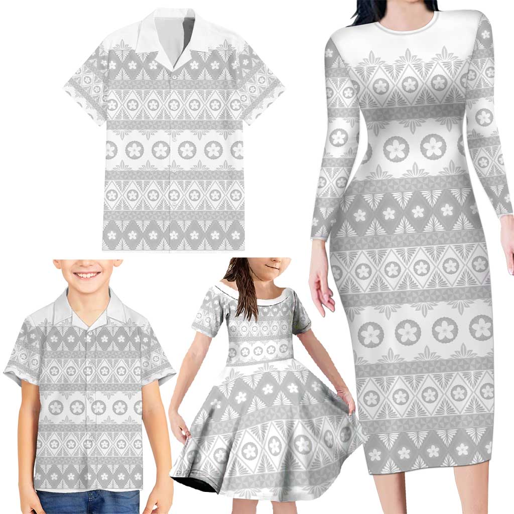 Tonga White Sunday Family Matching Long Sleeve Bodycon Dress and Hawaiian Shirt Tongan Ngatu Siale Pattern LT05 - Polynesian Pride