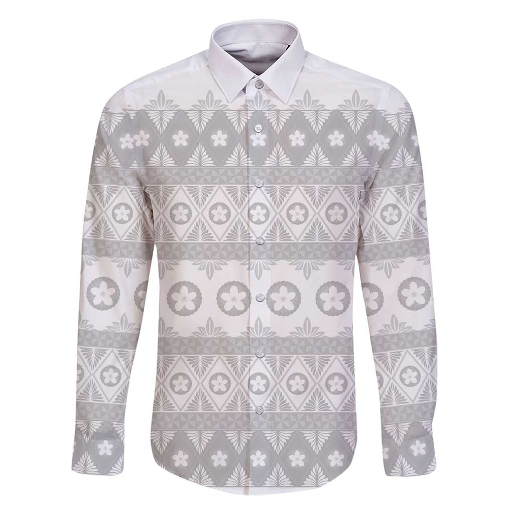 Tonga White Sunday Family Matching Long Sleeve Bodycon Dress and Hawaiian Shirt Tongan Ngatu Siale Pattern LT05 Dad's Shirt - Long Sleeve White - Polynesian Pride