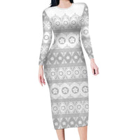 Tonga White Sunday Family Matching Long Sleeve Bodycon Dress and Hawaiian Shirt Tongan Ngatu Siale Pattern LT05 Mom's Dress White - Polynesian Pride