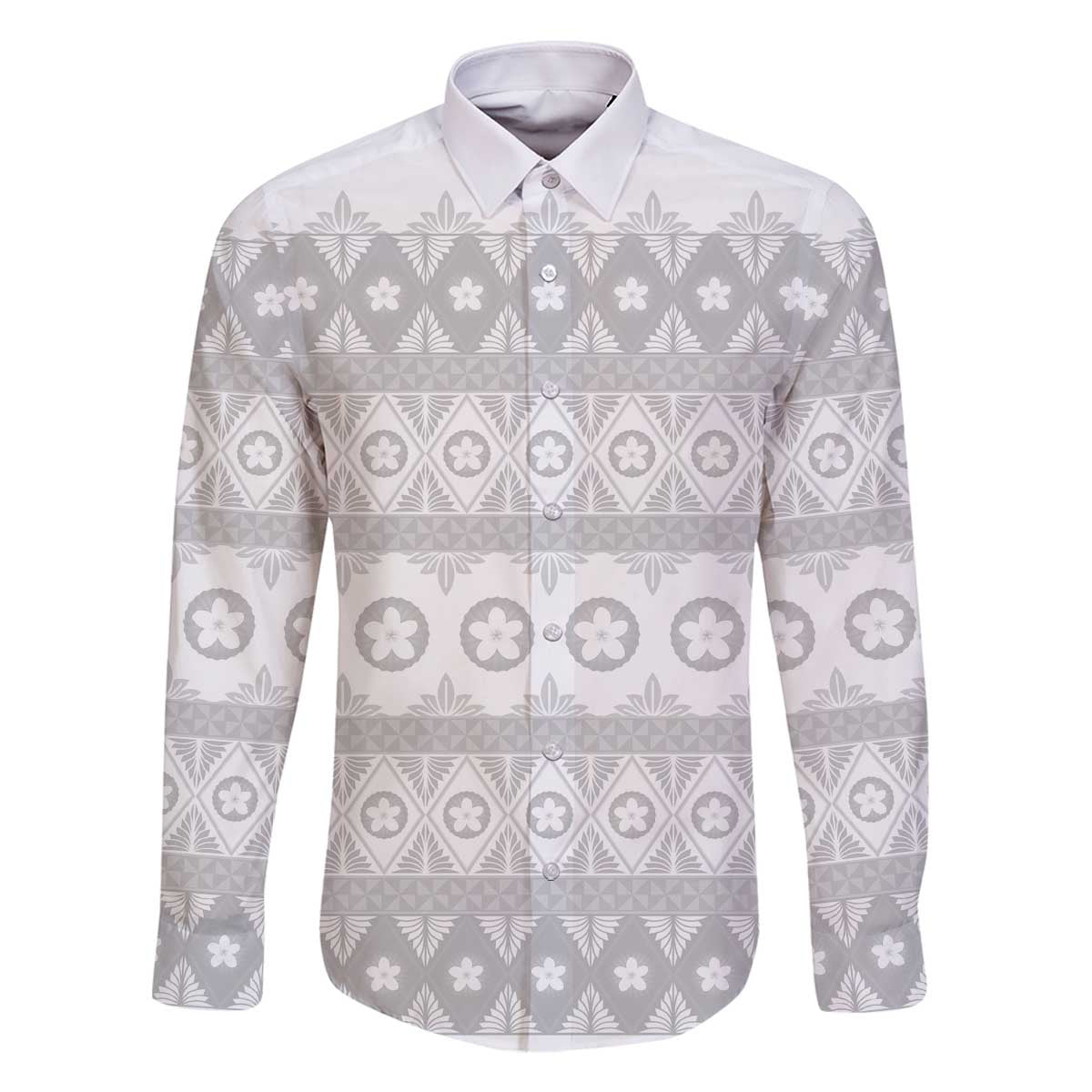Tonga White Sunday Family Matching Off The Shoulder Long Sleeve Dress and Hawaiian Shirt Tongan Ngatu Siale Pattern LT05 Dad's Shirt - Long Sleeve White - Polynesian Pride