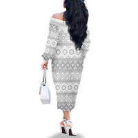 Tonga White Sunday Family Matching Off The Shoulder Long Sleeve Dress and Hawaiian Shirt Tongan Ngatu Siale Pattern LT05 - Polynesian Pride