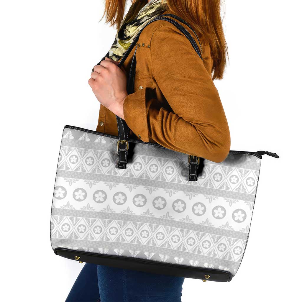 Tonga White Sunday Leather Tote Bag Tongan Ngatu Siale Pattern - Polynesian Pride