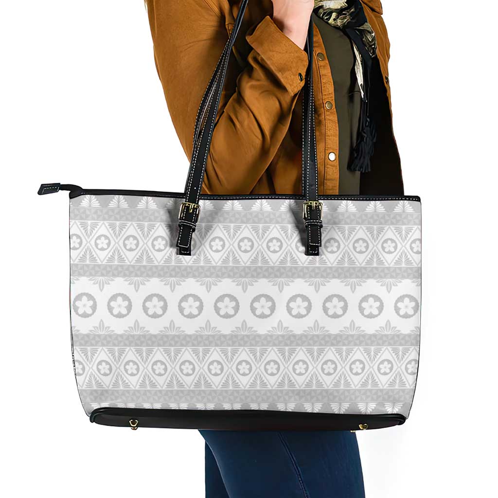 Tonga White Sunday Leather Tote Bag Tongan Ngatu Siale Pattern - Polynesian Pride