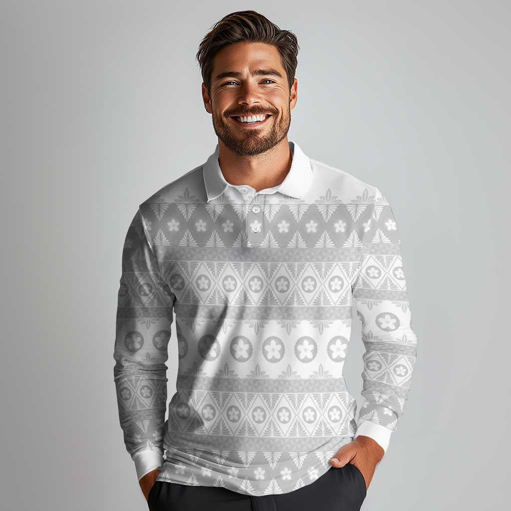 Tonga White Sunday Long Sleeve Polo Shirt Tongan Ngatu Siale Pattern - Polynesian Pride