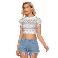 Tonga White Sunday Raglan Cropped T Shirt Tongan Ngatu Siale Pattern - Polynesian Pride