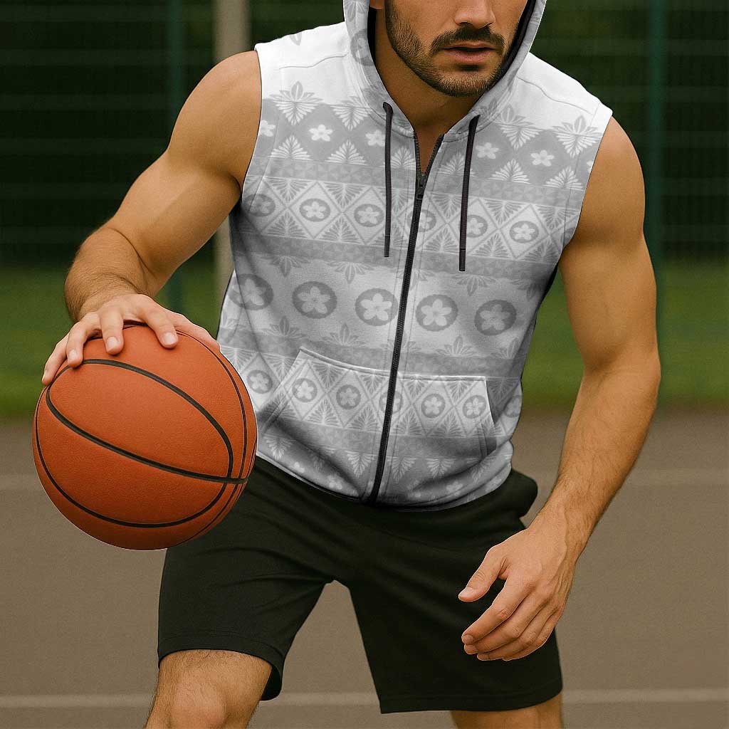 Tonga White Sunday Sleeveless Zip Hoodie Tongan Ngatu Siale Pattern - Polynesian Pride