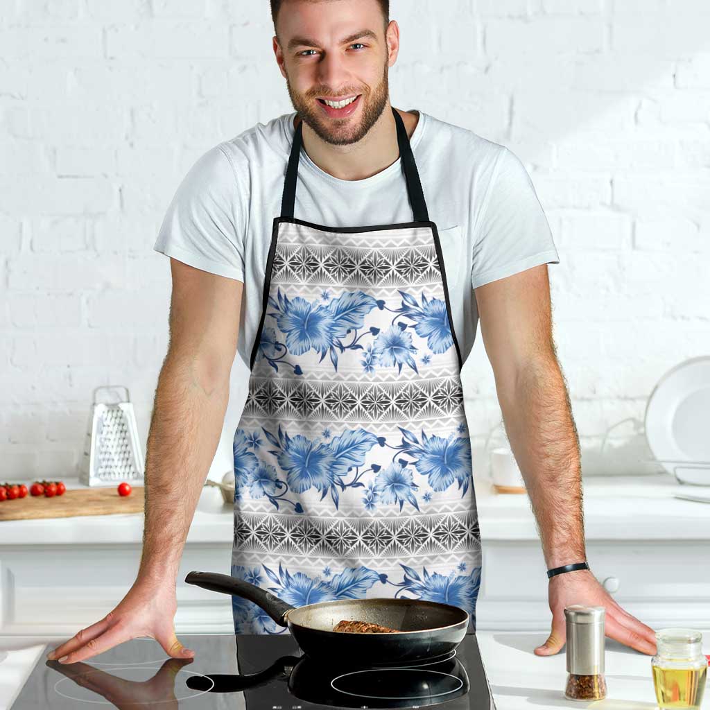 Samoa White Sunday Apron Samoan Tapa Blue Hibiscus - Polynesian Pride