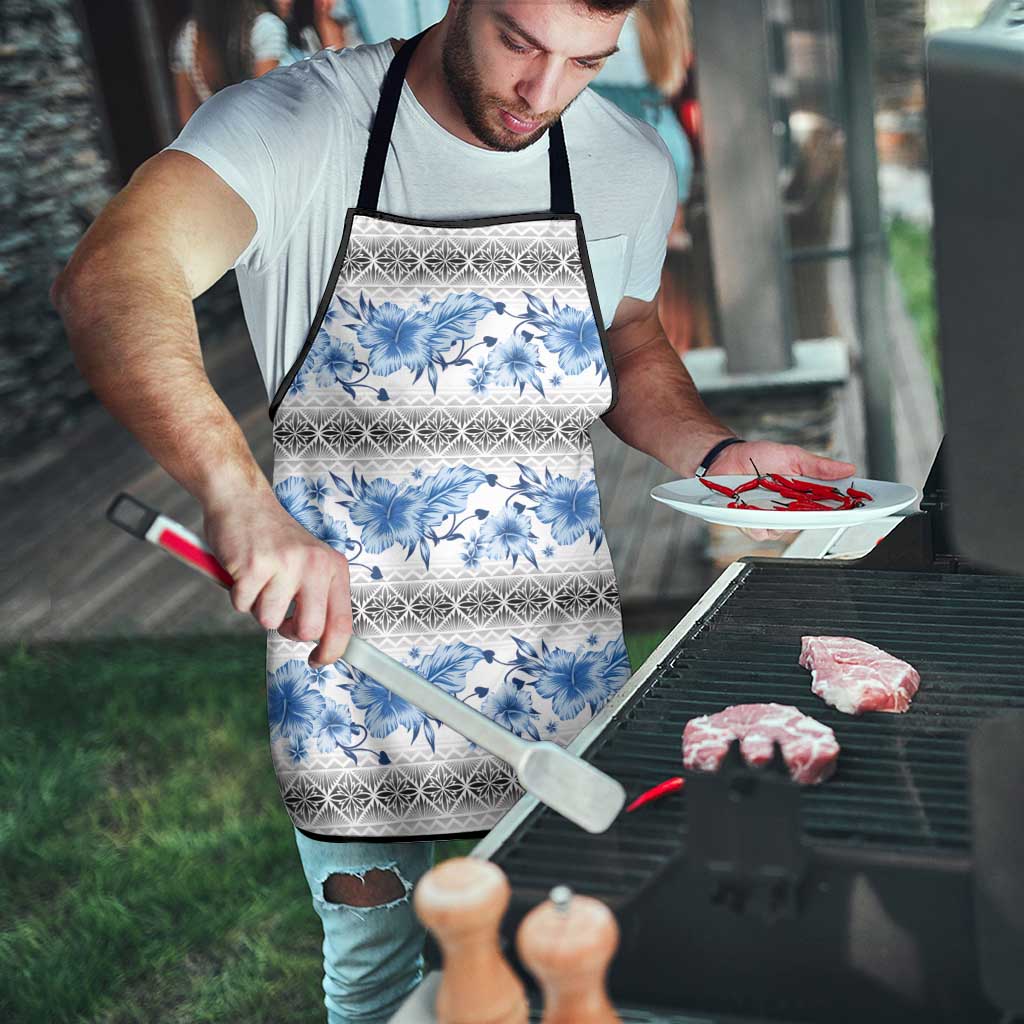 Samoa White Sunday Apron Samoan Tapa Blue Hibiscus - Polynesian Pride