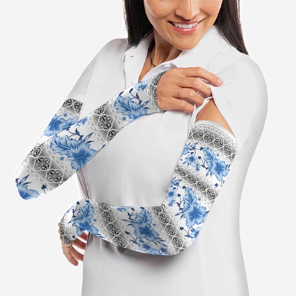 Samoa White Sunday Arm Sleeves Samoan Tapa Blue Hibiscus - Polynesian Pride