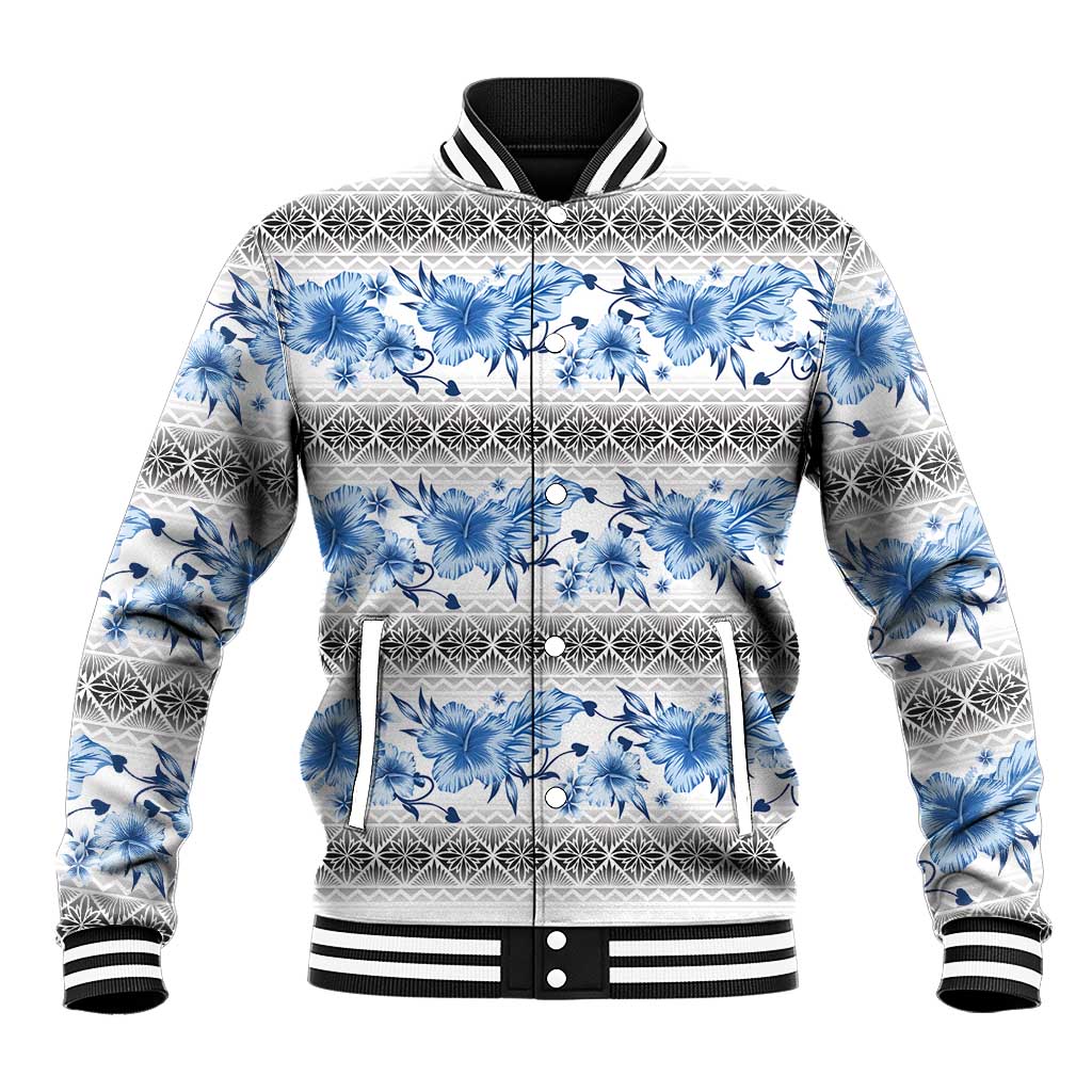 Samoa White Sunday Baseball Jacket Samoan Tapa Blue Hibiscus - Polynesian Pride