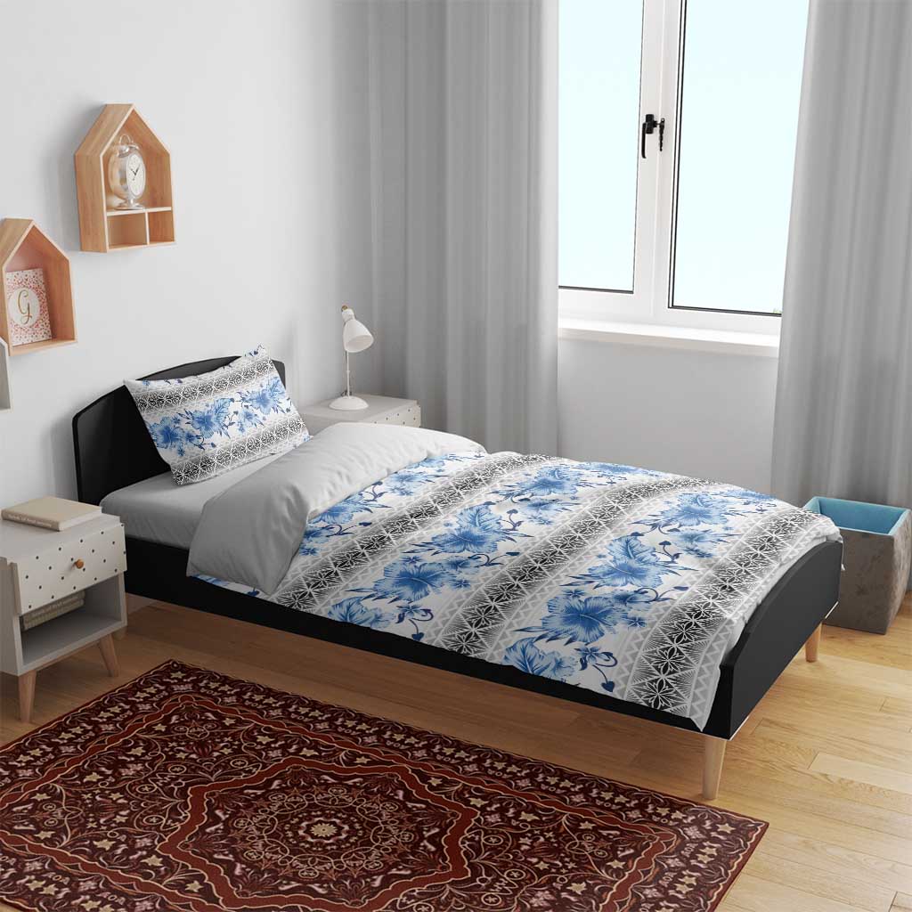 Samoa White Sunday Bedding Set Samoan Tapa Blue Hibiscus - Polynesian Pride