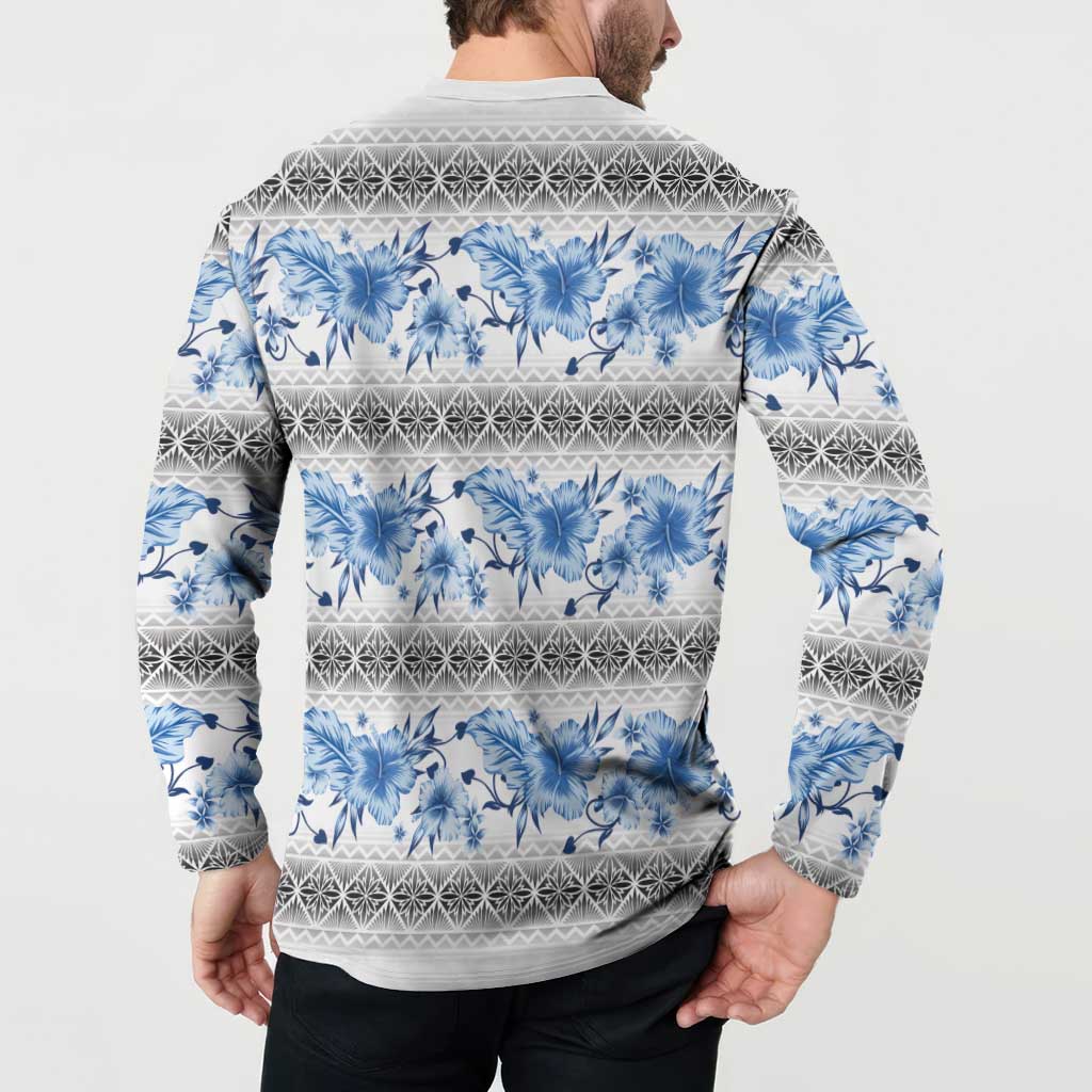 Samoa White Sunday Button Sweatshirt Samoan Tapa Blue Hibiscus - Polynesian Pride