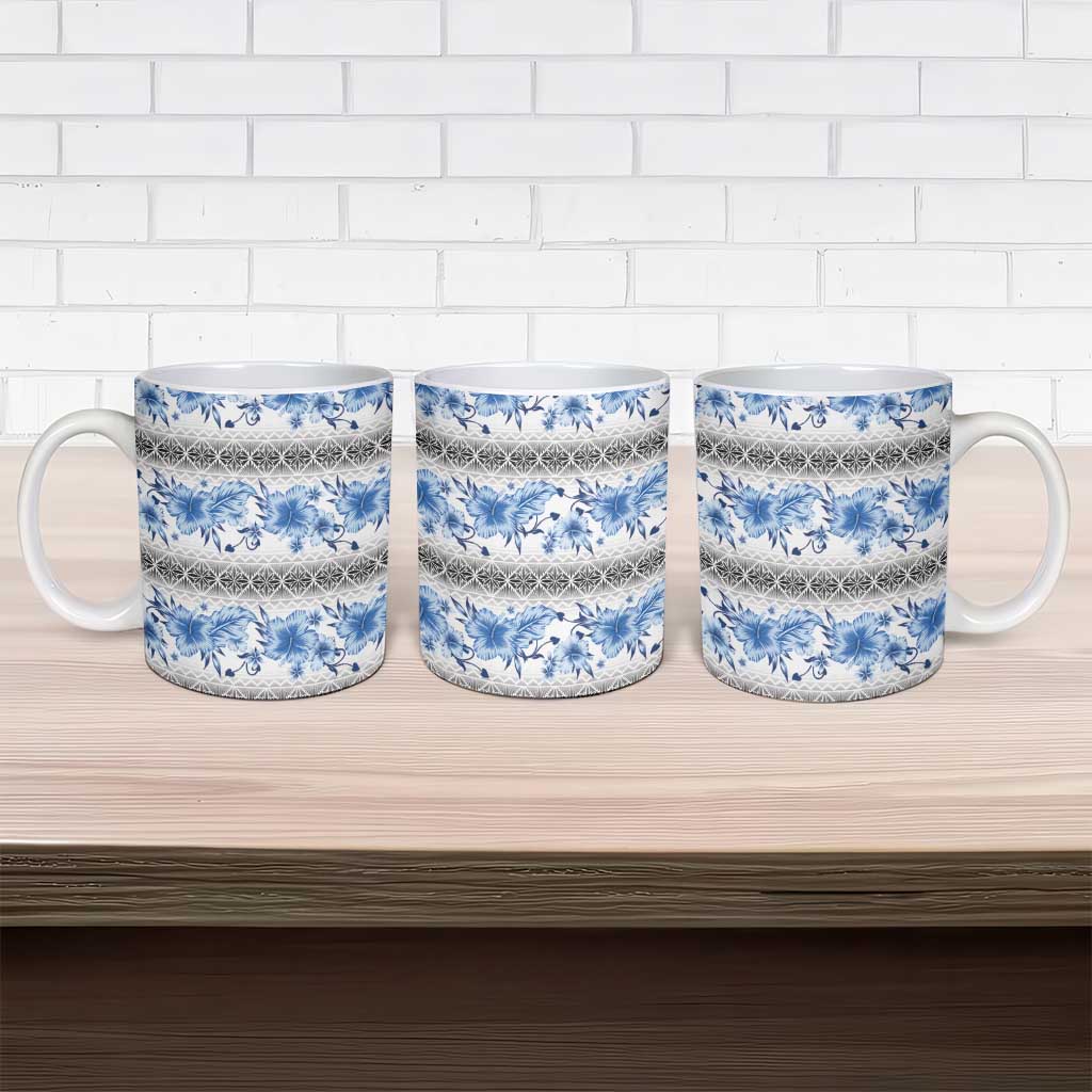 Samoa White Sunday Ceramic Mug Samoan Tapa Blue Hibiscus - Polynesian Pride