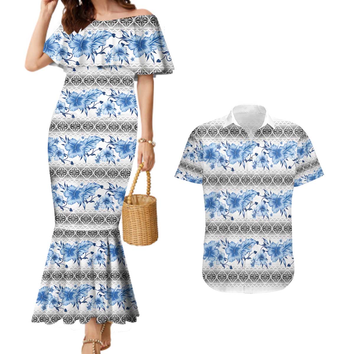 Samoa White Sunday Couples Matching Mermaid Dress and Hawaiian Shirt Samoan Tapa Blue Hibiscus - Polynesian Pride