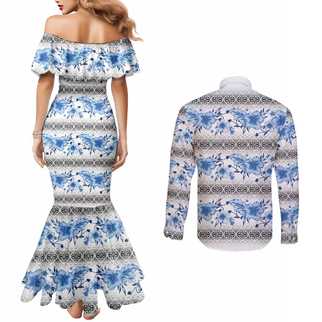 Samoa White Sunday Couples Matching Mermaid Dress and Long Sleeve Button Shirt Samoan Tapa Blue Hibiscus - Polynesian Pride
