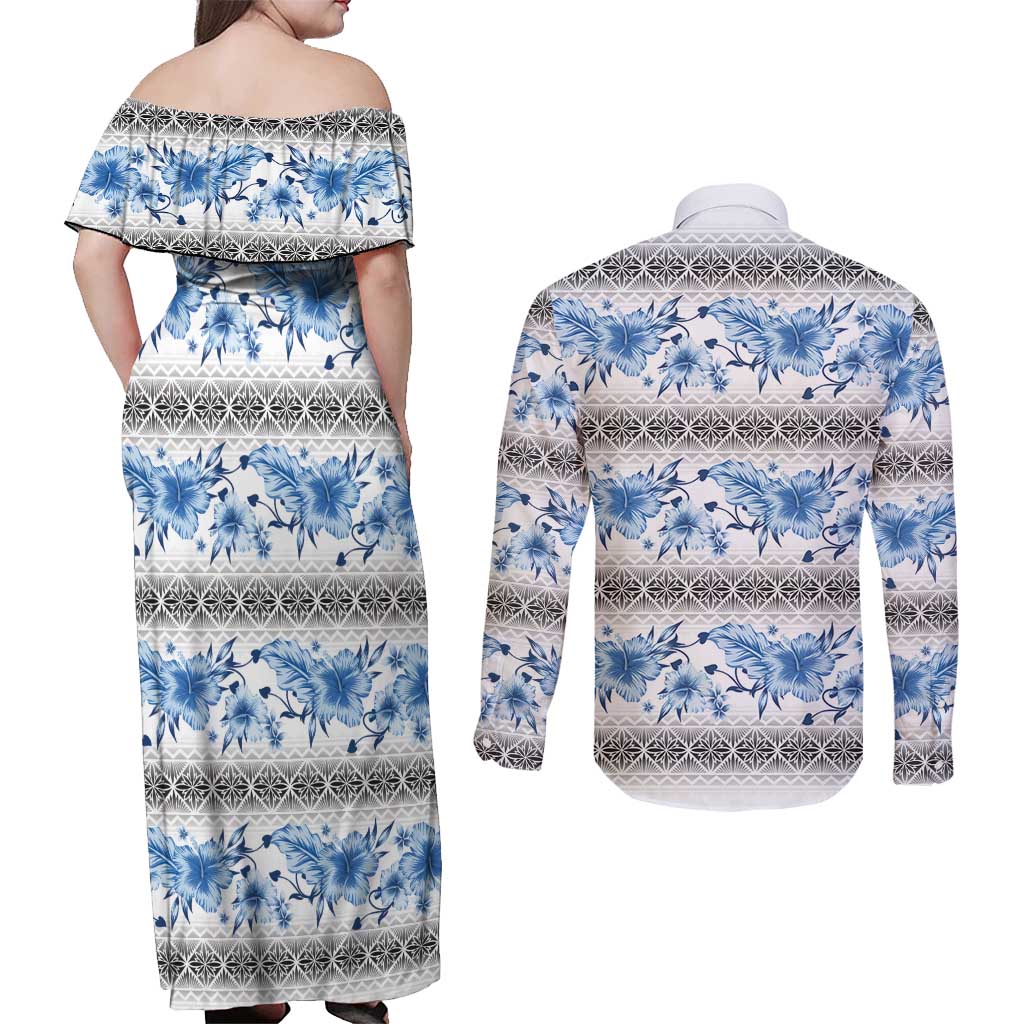 Samoa White Sunday Couples Matching Off Shoulder Maxi Dress and Long Sleeve Button Shirt Samoan Tapa Blue Hibiscus - Polynesian Pride