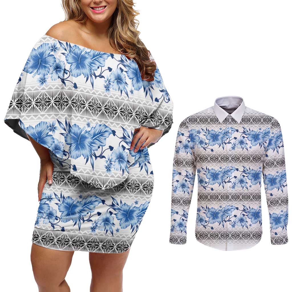 Samoa White Sunday Couples Matching Off Shoulder Short Dress and Long Sleeve Button Shirt Samoan Tapa Blue Hibiscus - Polynesian Pride