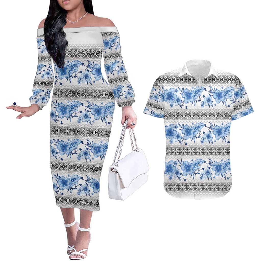 Samoa White Sunday Couples Matching Off The Shoulder Long Sleeve Dress and Hawaiian Shirt Samoan Tapa Blue Hibiscus - Polynesian Pride