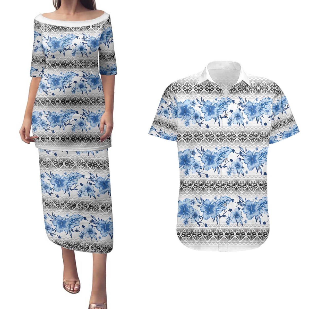 Samoa White Sunday Couples Matching Puletasi and Hawaiian Shirt Samoan Tapa Blue Hibiscus LT05 Blue - Polynesian Pride