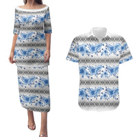 Samoa White Sunday Couples Matching Puletasi and Hawaiian Shirt Samoan Tapa Blue Hibiscus LT05 Blue - Polynesian Pride