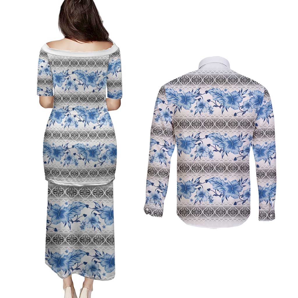Samoa White Sunday Couples Matching Puletasi and Long Sleeve Button Shirt Samoan Tapa Blue Hibiscus - Polynesian Pride