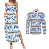 Samoa White Sunday Couples Matching Summer Maxi Dress and Long Sleeve Button Shirt Samoan Tapa Blue Hibiscus - Polynesian Pride