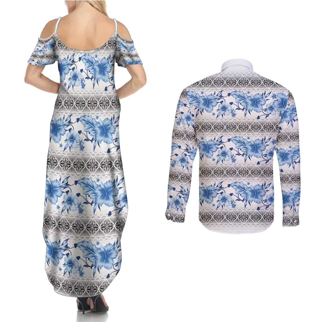 Samoa White Sunday Couples Matching Summer Maxi Dress and Long Sleeve Button Shirt Samoan Tapa Blue Hibiscus - Polynesian Pride