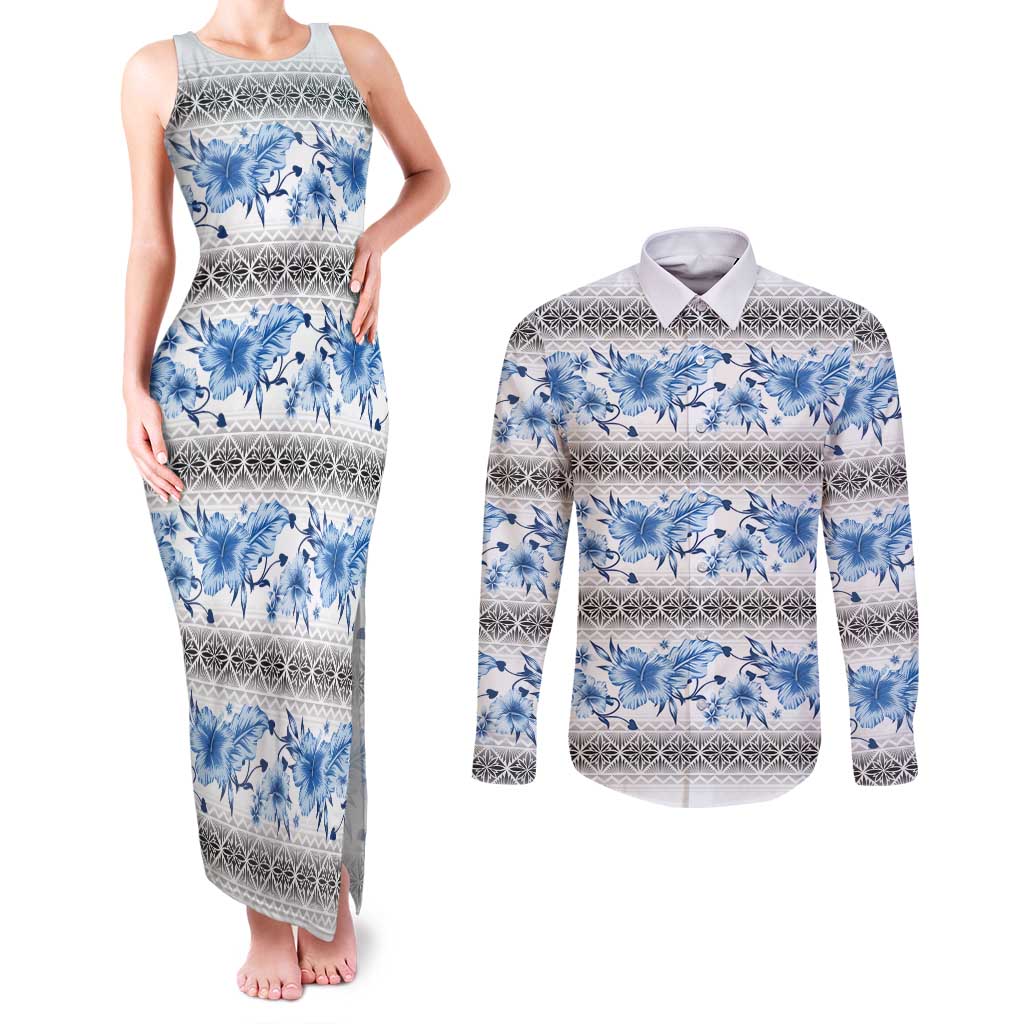 Samoa White Sunday Couples Matching Tank Maxi Dress and Long Sleeve Button Shirt Samoan Tapa Blue Hibiscus - Polynesian Pride