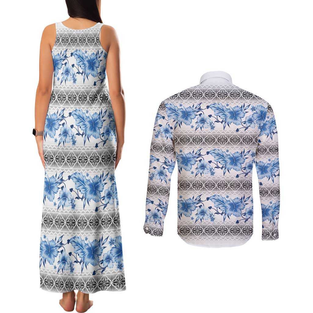 Samoa White Sunday Couples Matching Tank Maxi Dress and Long Sleeve Button Shirt Samoan Tapa Blue Hibiscus - Polynesian Pride