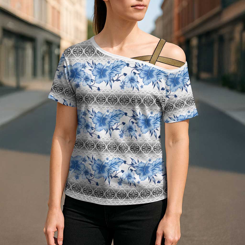 Samoa White Sunday Cross Shoulder Shirt Samoan Tapa Blue Hibiscus - Polynesian Pride