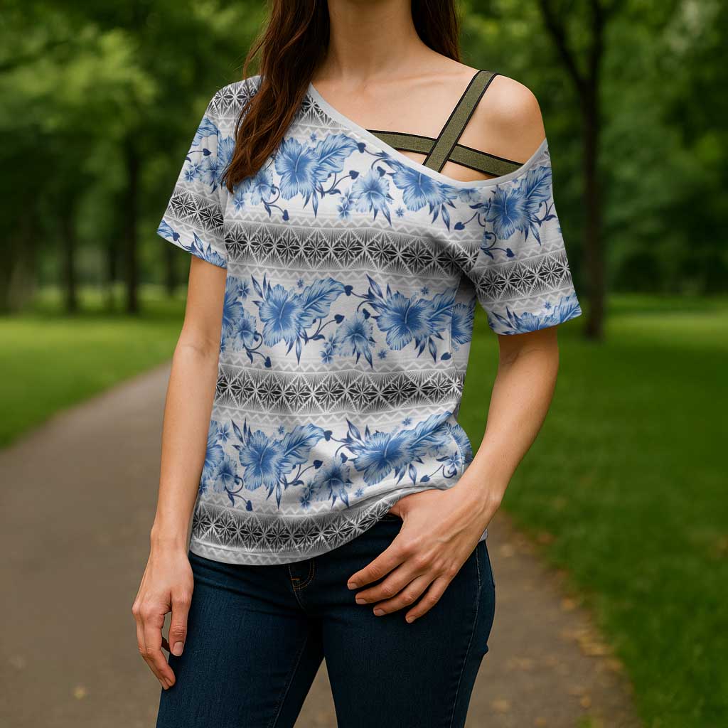 Samoa White Sunday Cross Shoulder Shirt Samoan Tapa Blue Hibiscus - Polynesian Pride