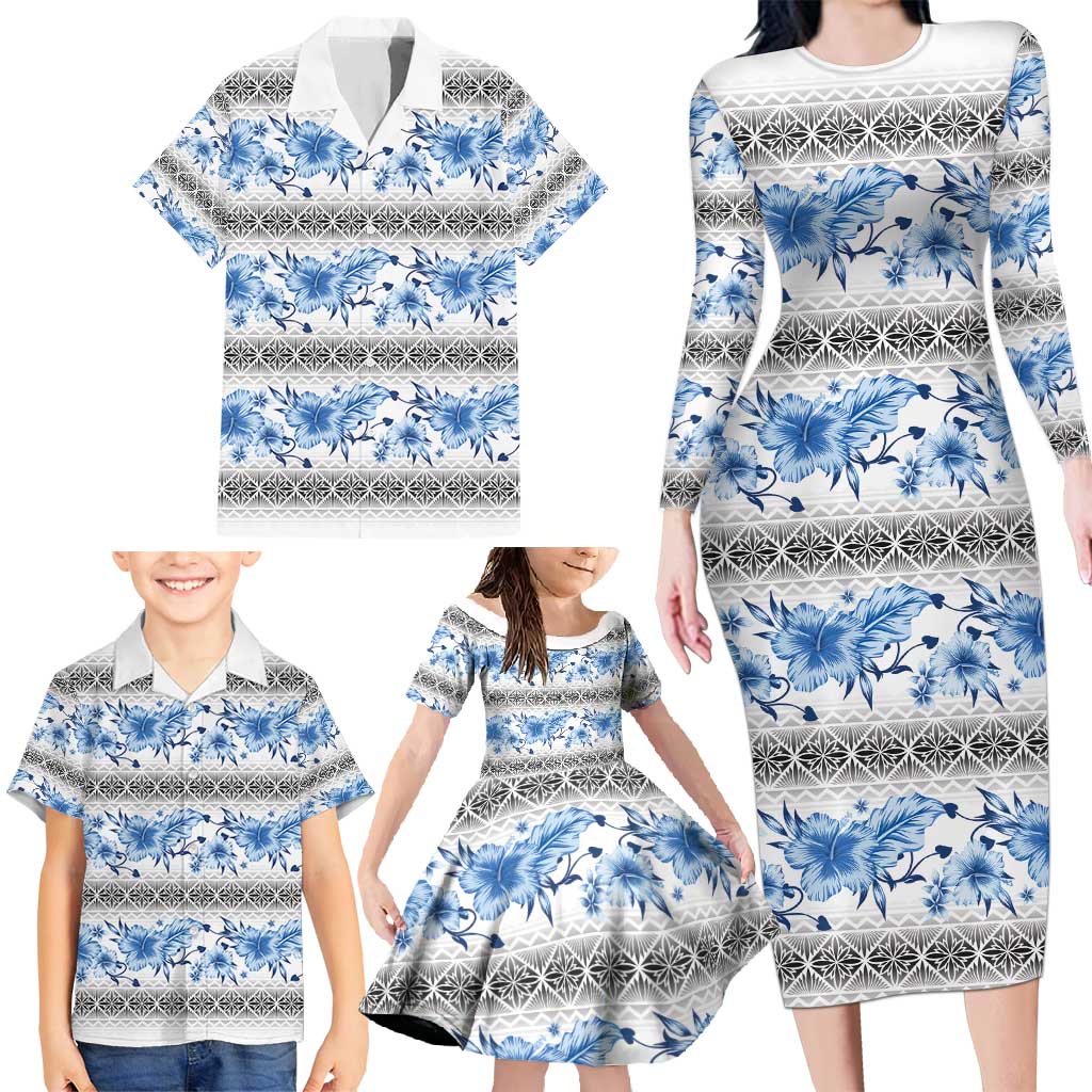 Samoa White Sunday Family Matching Long Sleeve Bodycon Dress and Hawaiian Shirt Samoan Tapa Blue Hibiscus LT05 - Polynesian Pride