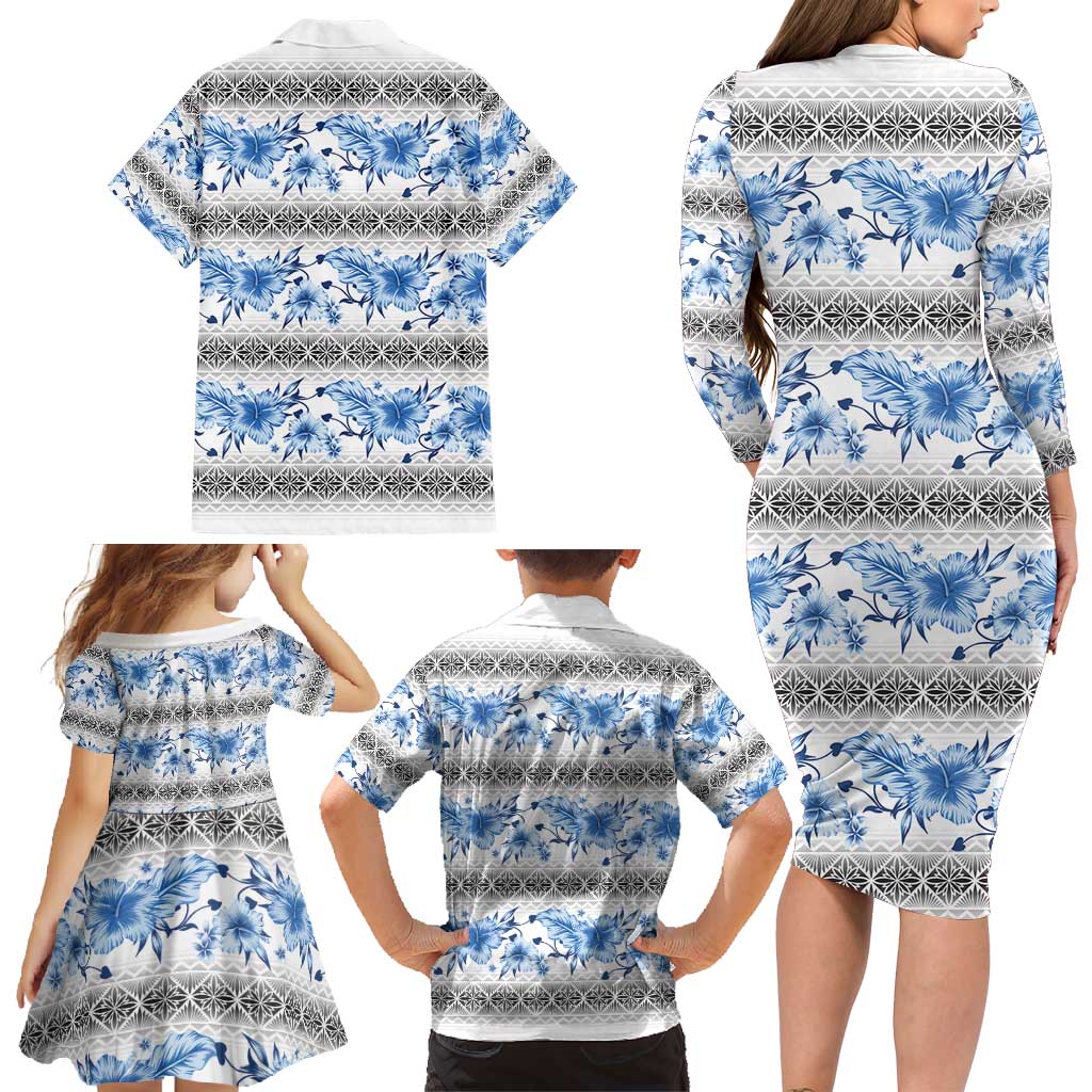 Samoa White Sunday Family Matching Long Sleeve Bodycon Dress and Hawaiian Shirt Samoan Tapa Blue Hibiscus LT05 - Polynesian Pride