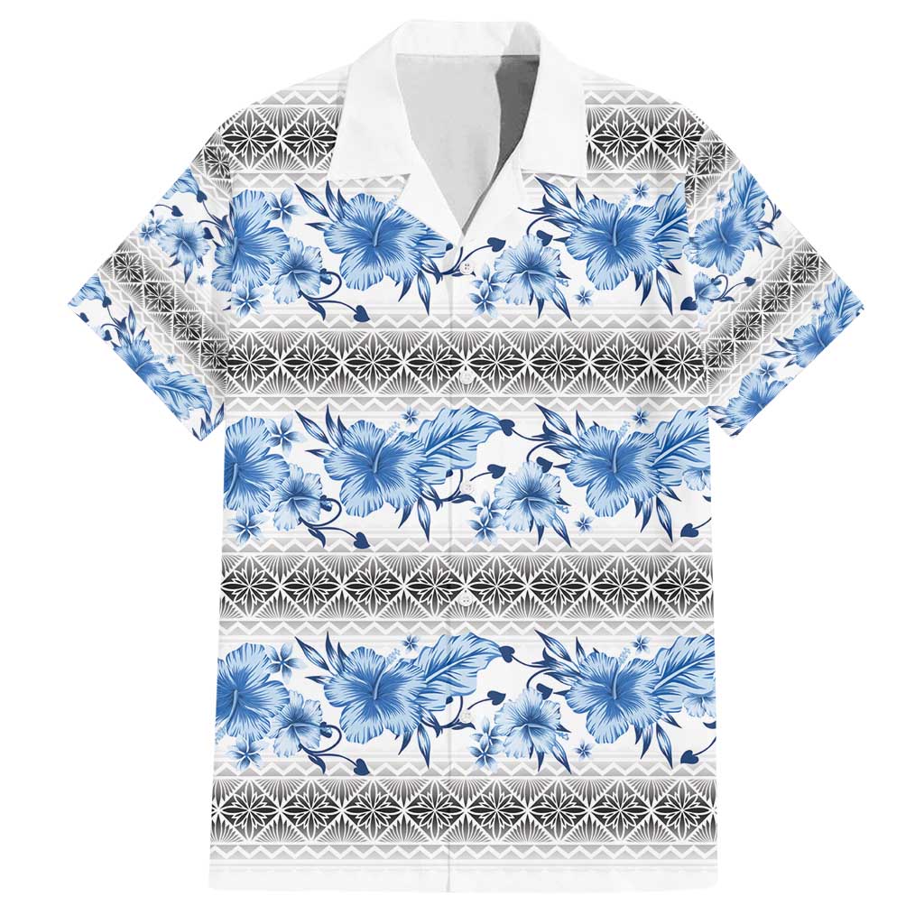 Samoa White Sunday Family Matching Long Sleeve Bodycon Dress and Hawaiian Shirt Samoan Tapa Blue Hibiscus LT05 Dad's Shirt - Short Sleeve Blue - Polynesian Pride