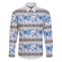 Samoa White Sunday Family Matching Long Sleeve Bodycon Dress and Hawaiian Shirt Samoan Tapa Blue Hibiscus LT05 Dad's Shirt - Long Sleeve Blue - Polynesian Pride