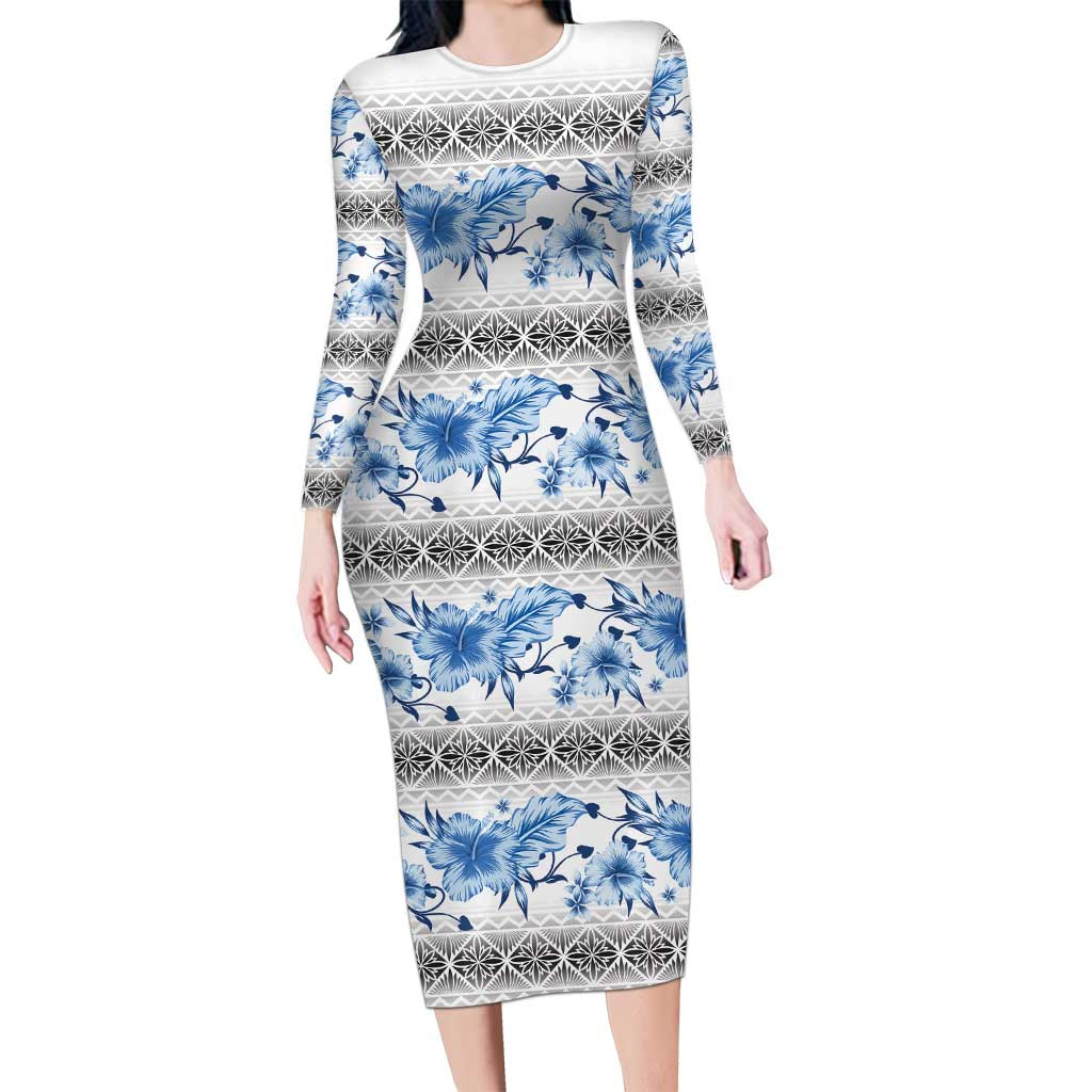 Samoa White Sunday Family Matching Long Sleeve Bodycon Dress and Hawaiian Shirt Samoan Tapa Blue Hibiscus LT05 Mom's Dress Blue - Polynesian Pride