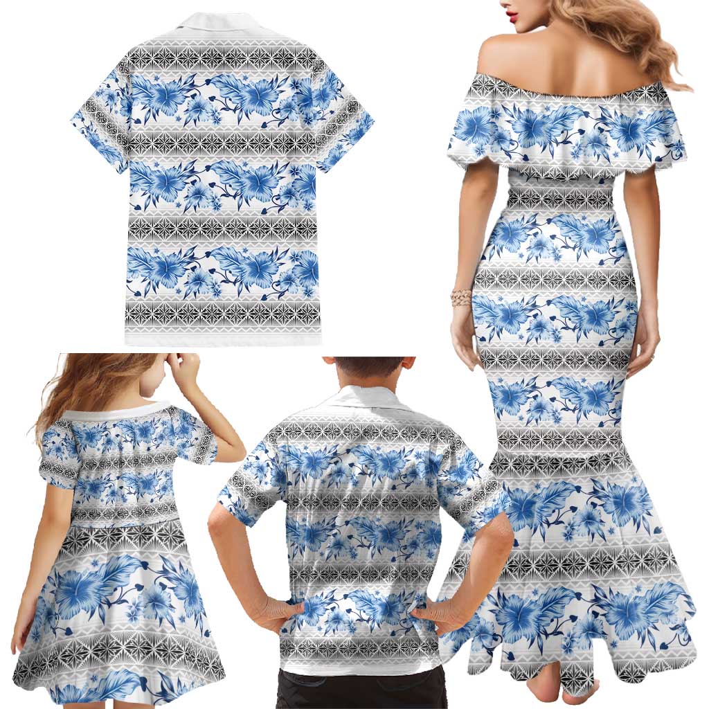 Samoa White Sunday Family Matching Mermaid Dress and Hawaiian Shirt Samoan Tapa Blue Hibiscus LT05 - Polynesian Pride